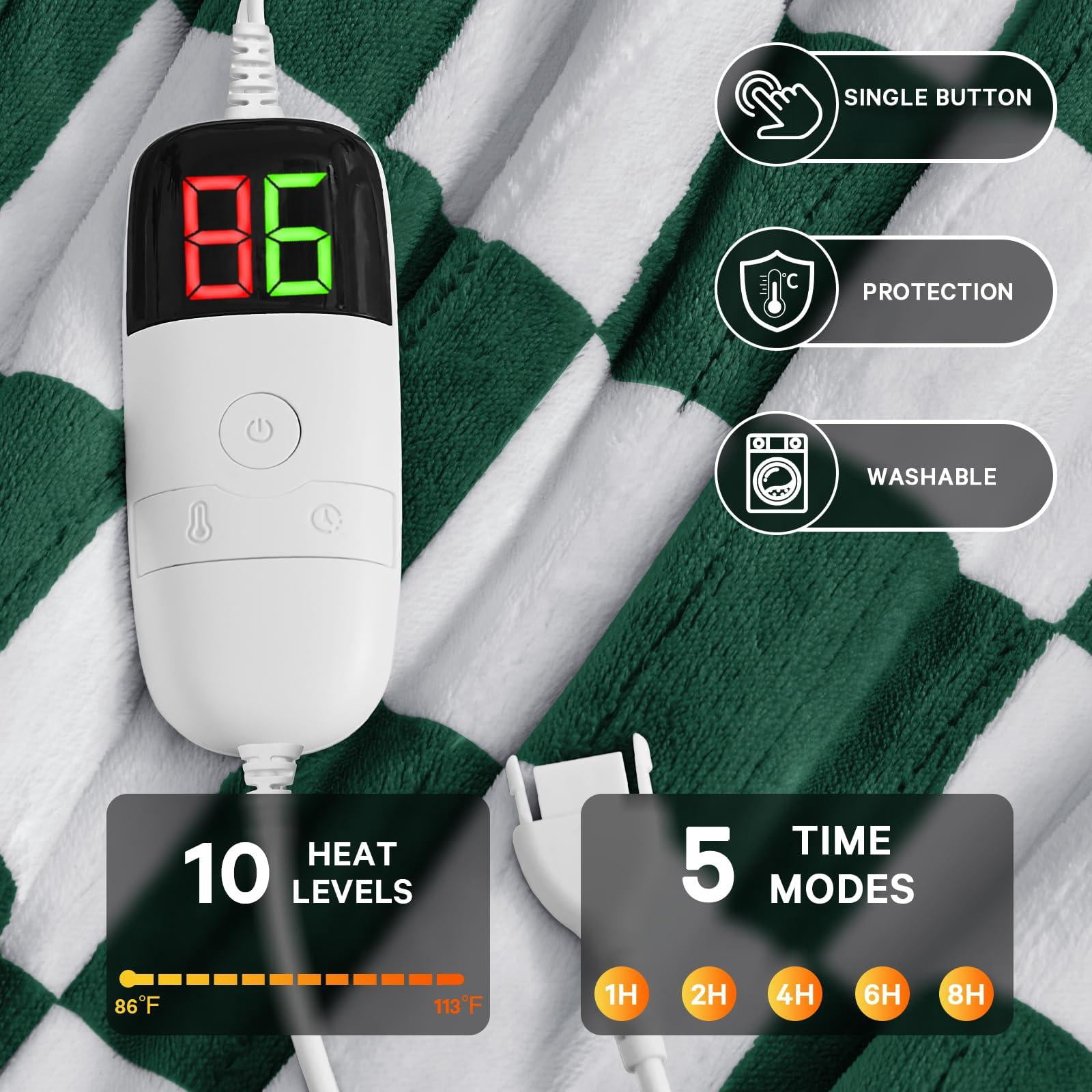Heated Electric Blanket Throw  50x60 Heating With 10 Heat Level & 8 Hours Auto Off For Lap Dark Green Checkered Plaid Soft Sherpa Blankets Mothers Day Gifts Mom Grandma Women Couch