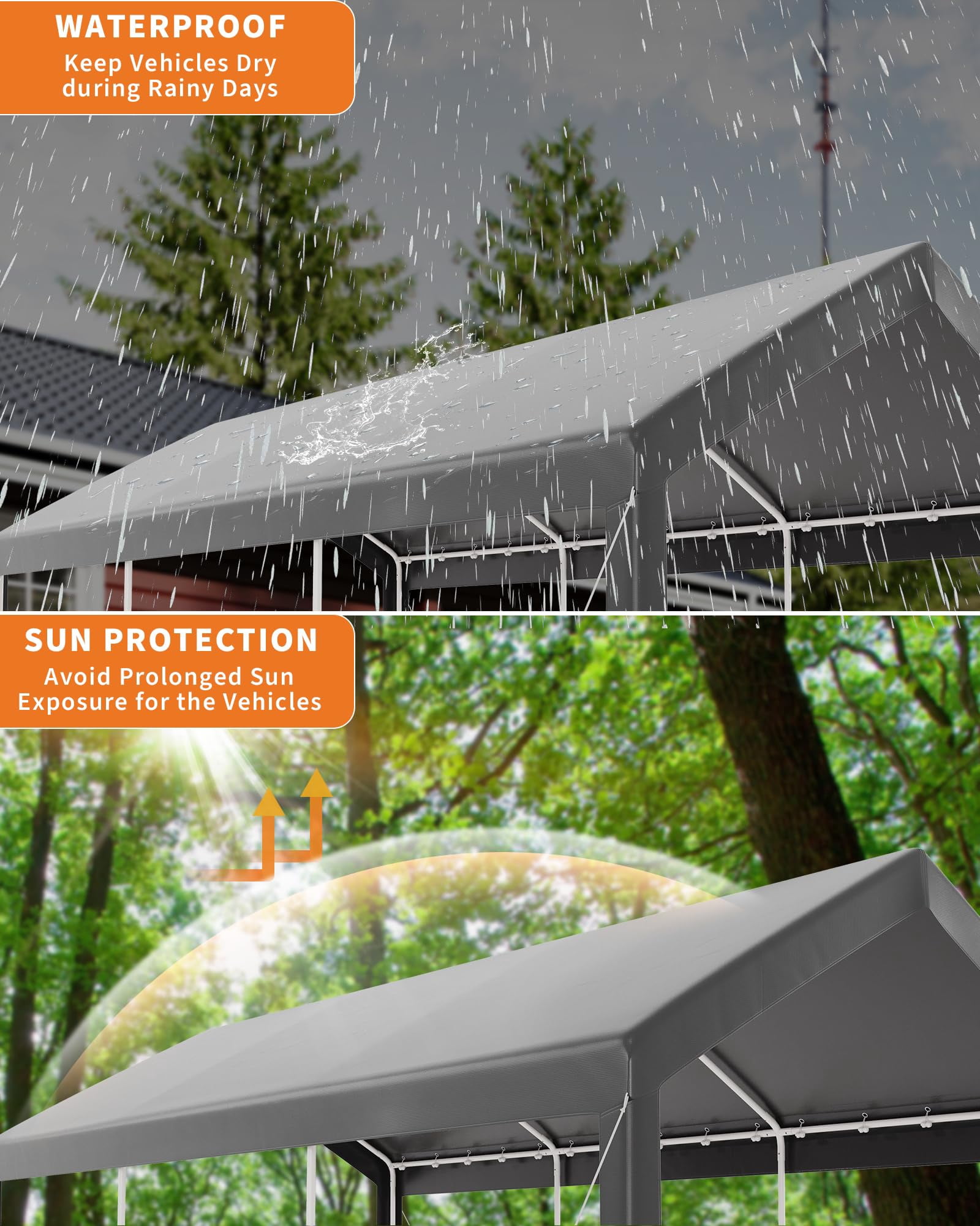 10X20 FT Carport Canopy, Portable Car Tent Garage with Roll-Up Door, All-Season Tarp Cover, Removable Side Walls, Outdoor Storage Shed,Grey