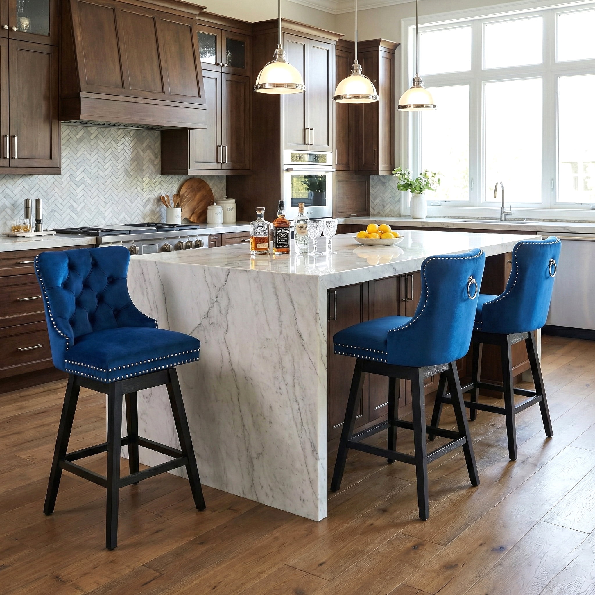 TEWLOSS 30" Swivel Bar Stools Set of 3, Blue Velvet Bar Height Chairs with Back for Home Pub