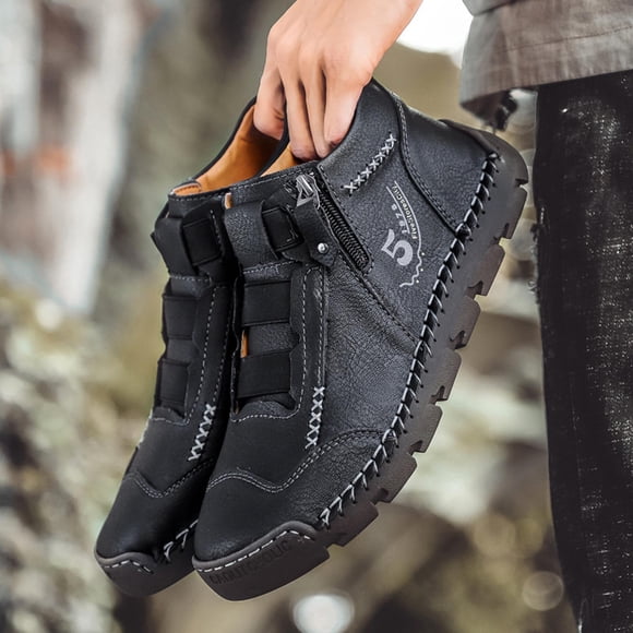 PEONAVET Mens Ankle Boots Leather Casual Loafers Shoes, Mens Side Zipper Boots Hand Stitching Outdoor Working Shoes Booties Black Brown Khaki