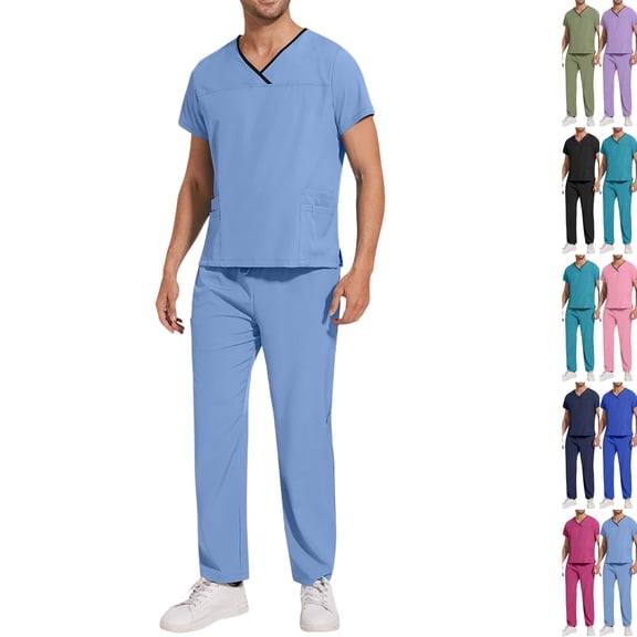 Scrubs Set for Mens Stretch V Neck Scrub Top and Pants Medical Uniform Anti Wrinkle Multiple Pockets Nurse Workwear Healthcare Clothing,M,Sky Blue