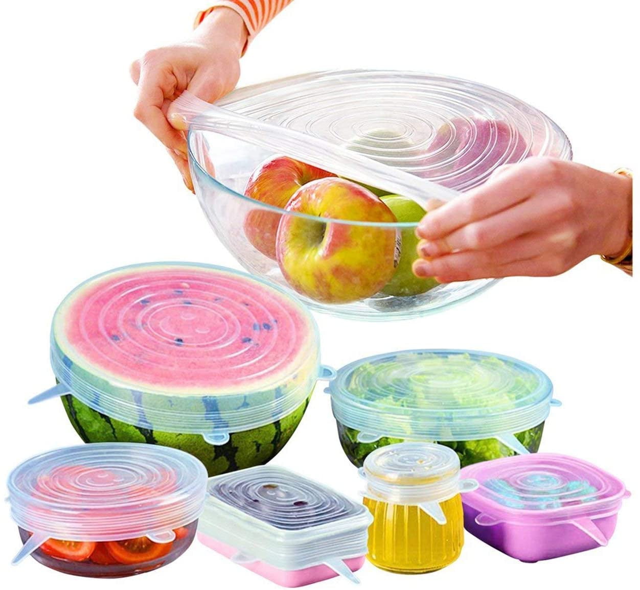 Silicone Stretch Lids 6-Pack Various Sizes fit snugly over Bowl-Cam-Cup-Jar-Mug 