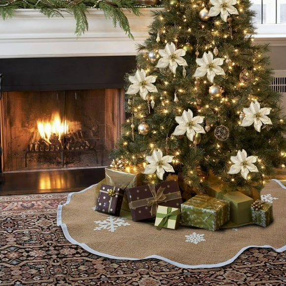 Heyone Burlap Christmas Tree Skirt 48 Inch Rustic Tree Skirt White Snowflake Printed Vintage Christmas Decorations