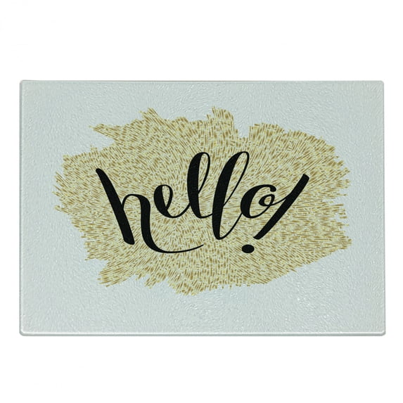 Hello Cutting Board, Brush Pen Lettering in Mosaic Style Modern Design Background, Decorative Tempered Glass Cutting and Serving Board, Small Size, Black White Yellow, by Ambesonne