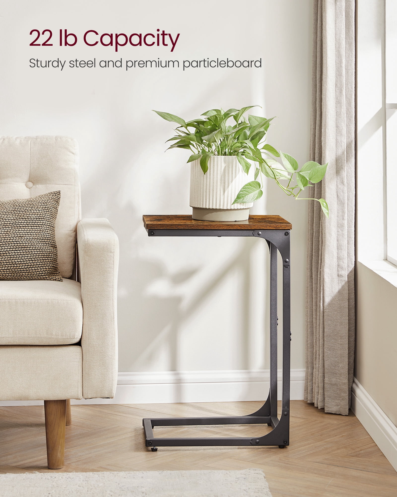 VASAGLE C-Shaped End Table Sofa Side Table Small Side Table for Couch for Living Room Bedroom Rustic Brown and Black