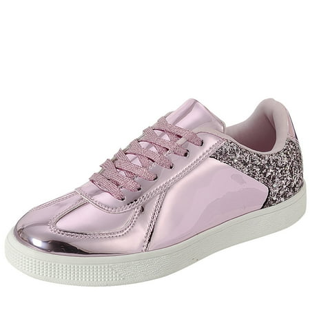 

Women Fashion Metallic Holographic Glitter Sneakers Lace Up Shoes Pink