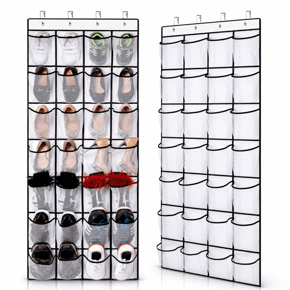 2 Pack 28 Pocket Shoe Organizer for Closet Hanging,Hanging Shoe Rack for Door Large Capacity Shoe Organizer Holder with 8 Metal Hooks (White-2Pack)
