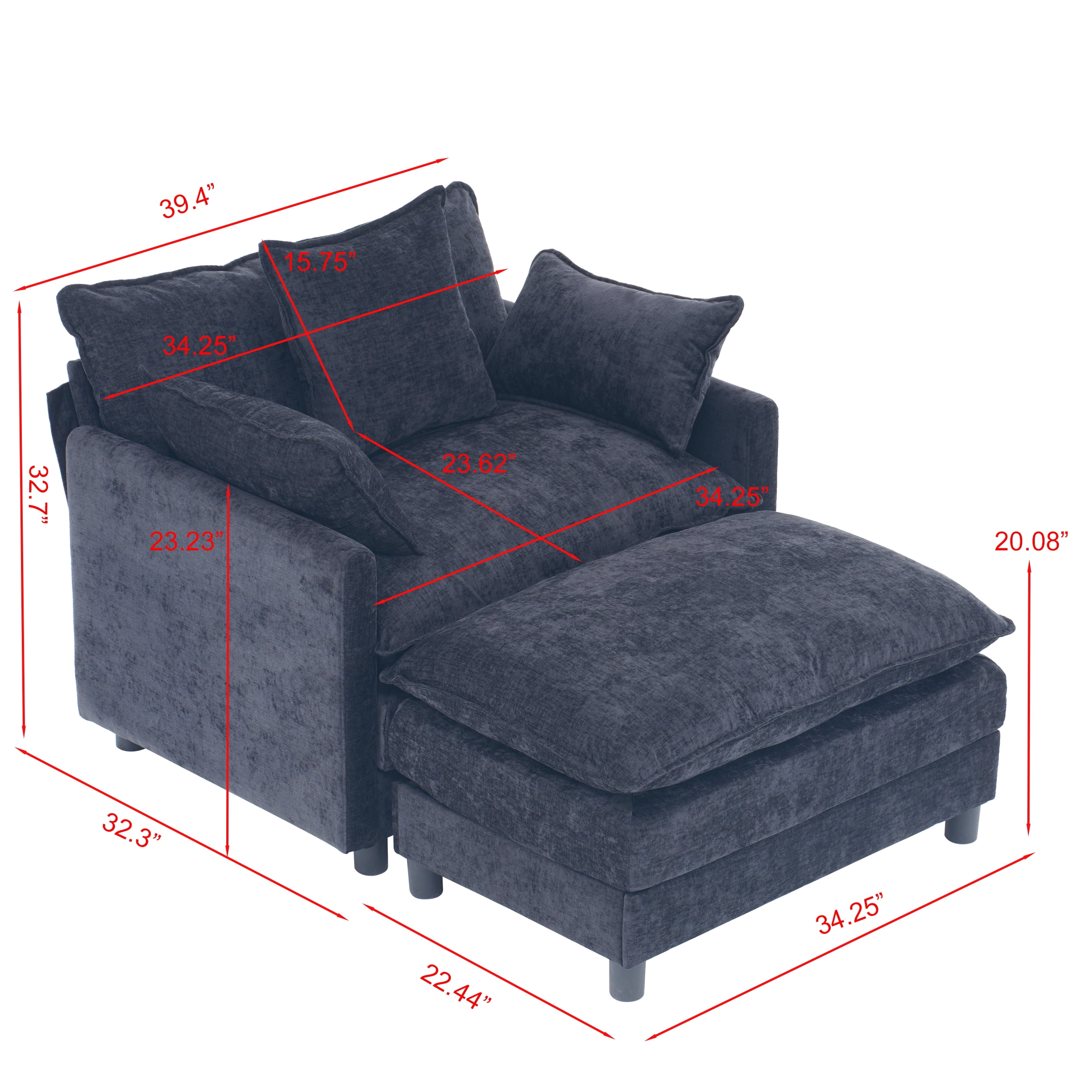 Howcool 39.4" Modern Chenille Accent Chair with Ottoman, Upholstered Club Armchair Reading Chair for Living Room Bedroom