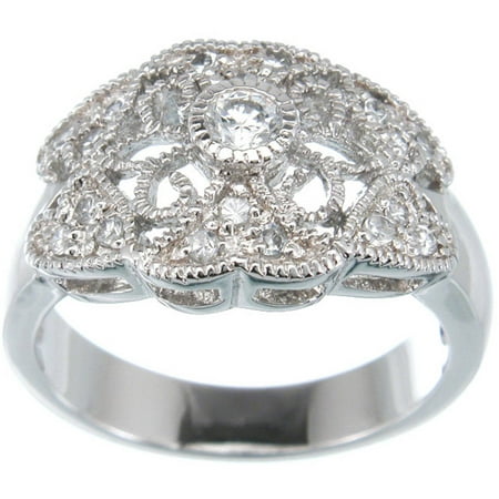 CZ Sterling Silver Platinum Finish Antique Style Ring