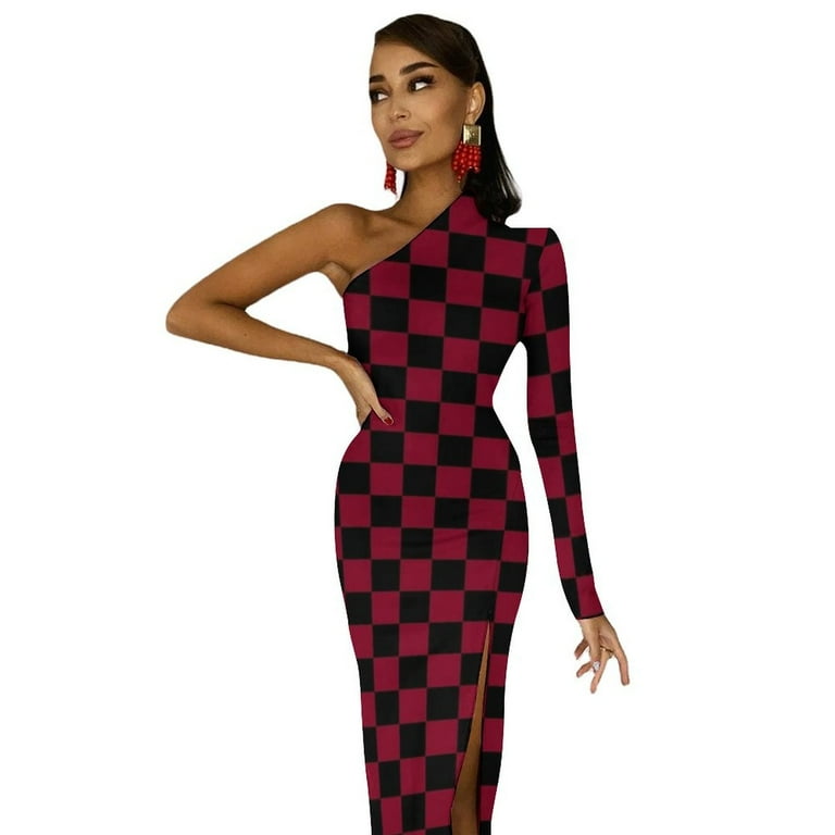 half red half black dress Black and Burgundy Red Checkerboard Half Dleeve Split Dress dress for woman  Female clothing