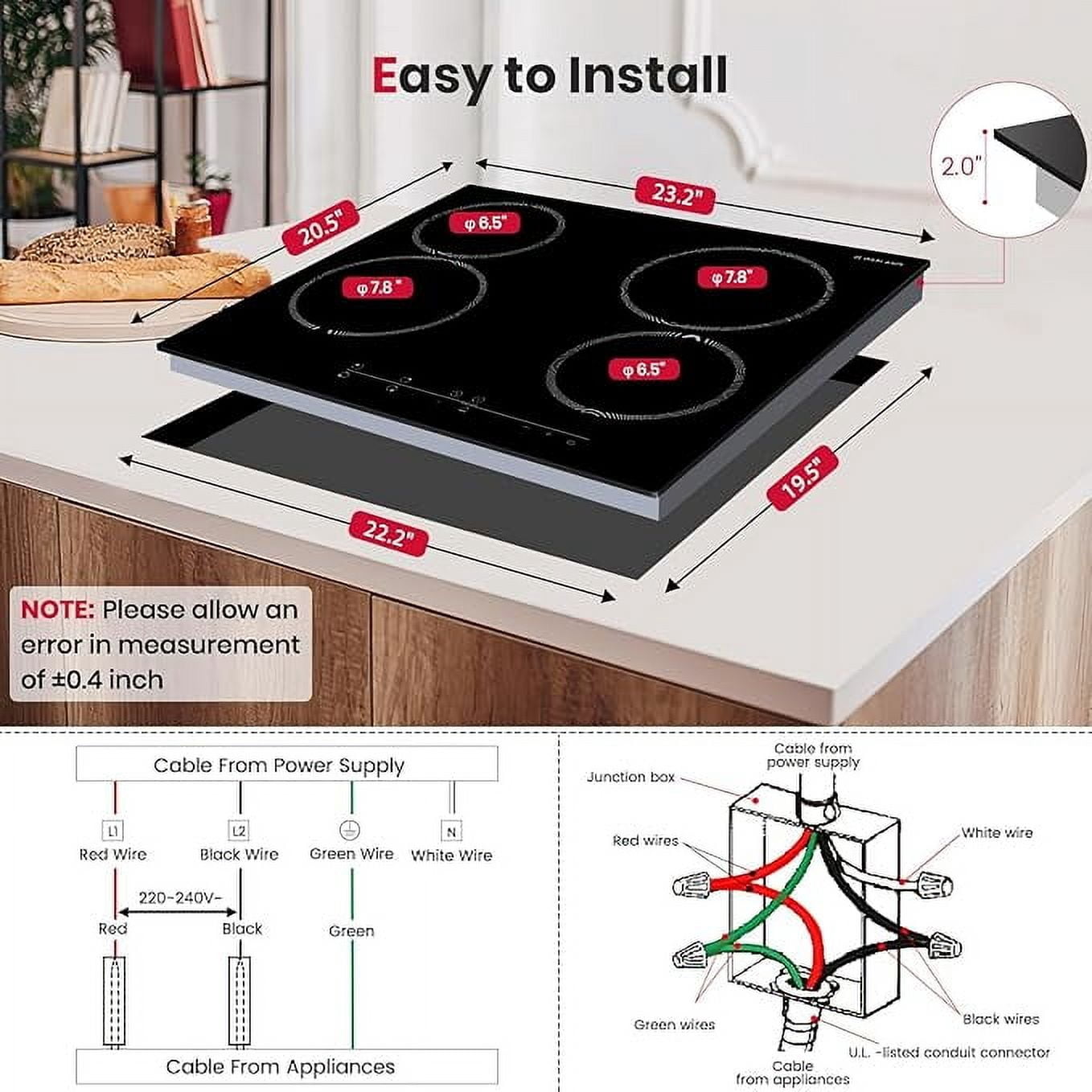 GASLAND 24'' Built-in Electric Cooktop, 4 Burners Ceramic Glass Ceramic Stove Top, 240V