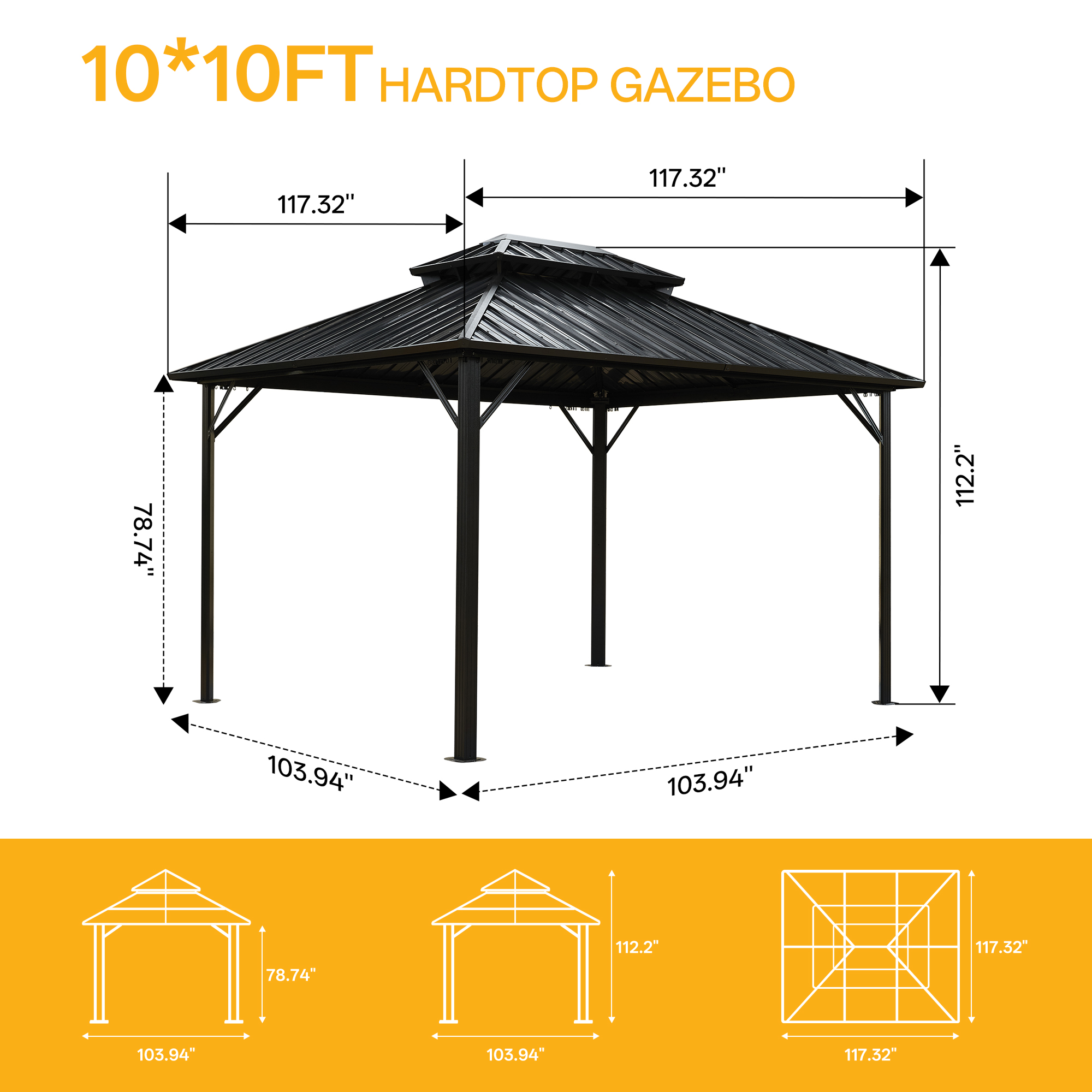 MeWang 10x10 Hardtop Gazebo, Black Aluminum Frame with Double Galvanized Steel Roof, Outdoor Patio Canopy for Backyard, Garden, Deck