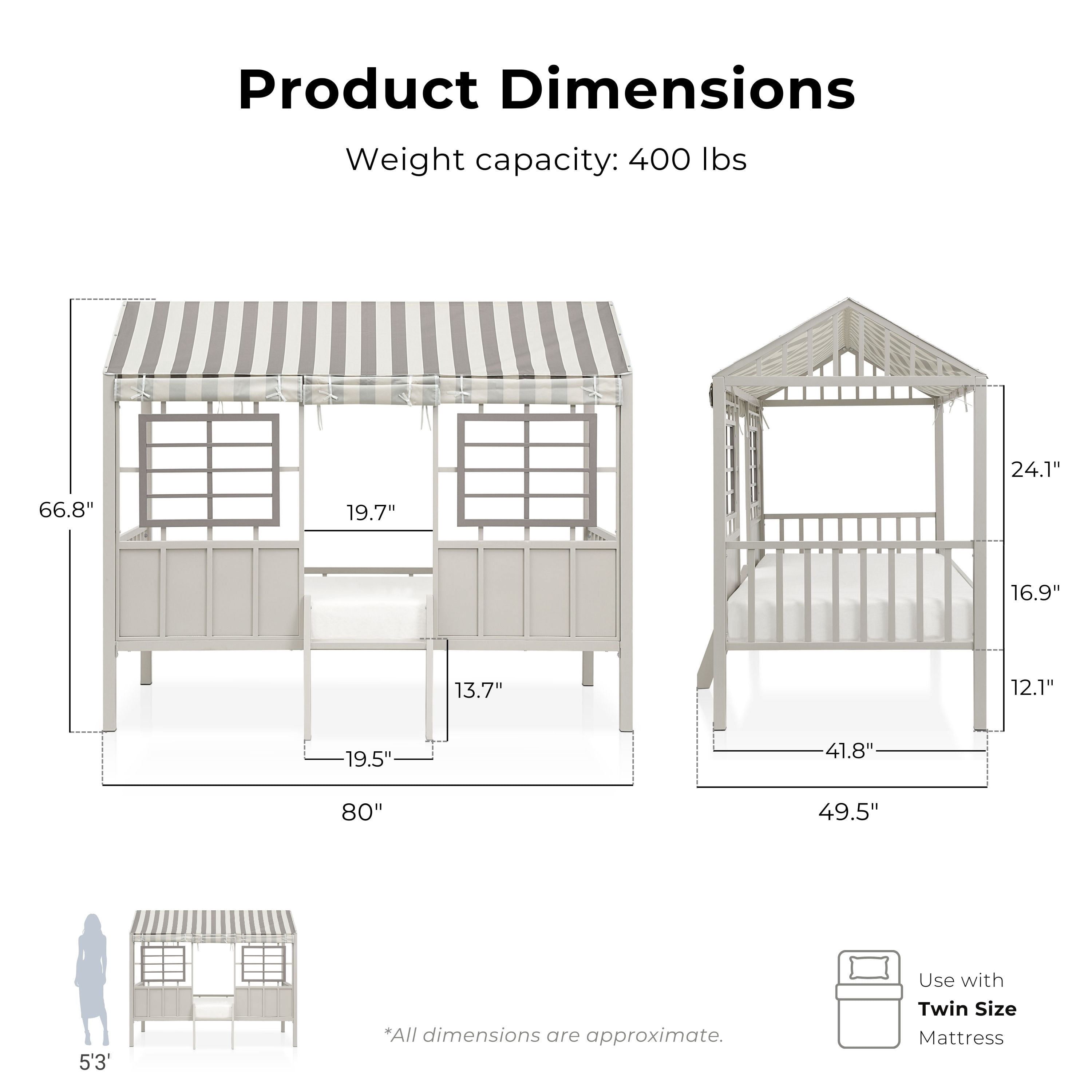 Furniture of America Little House Kids Metal Loft Bed with Guardrails, Gray, Twin