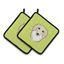 Caroline's Treasures BB1274PTHD Checkerboard Lime Green Longhair Creme Dachshund Pair of Pot Holders , 7.5HX7.5W,