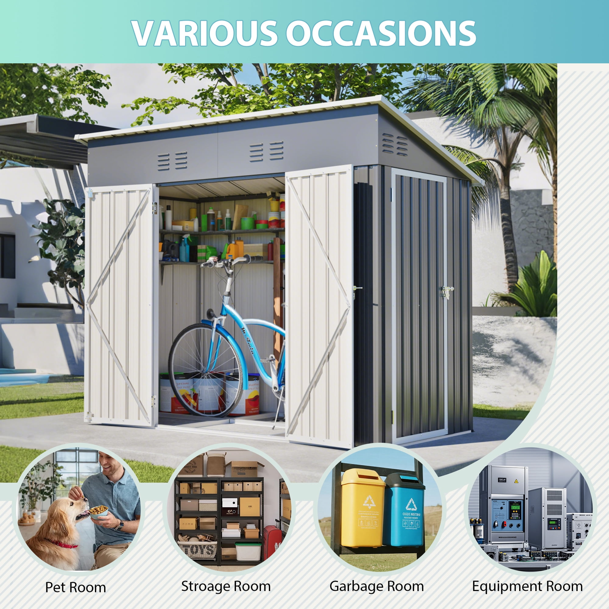 Leumius 4x8 FT Slope-Roof Reinforced Storage Shed with Weatherproof Sloping Roof and 4 Air Vents,Left/Right Optional Door, Outdoor Tool Shed Warehouse for Garden Storage Pet House