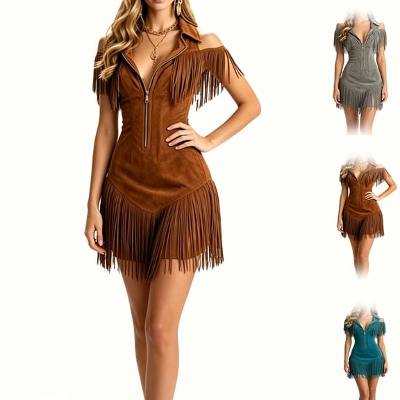 Women Western Fringe Dress Sleeveless v Neck Bodycon Mini Dress with Zipper Faux Suede Tassel Cowgirl Cocktail Outfit