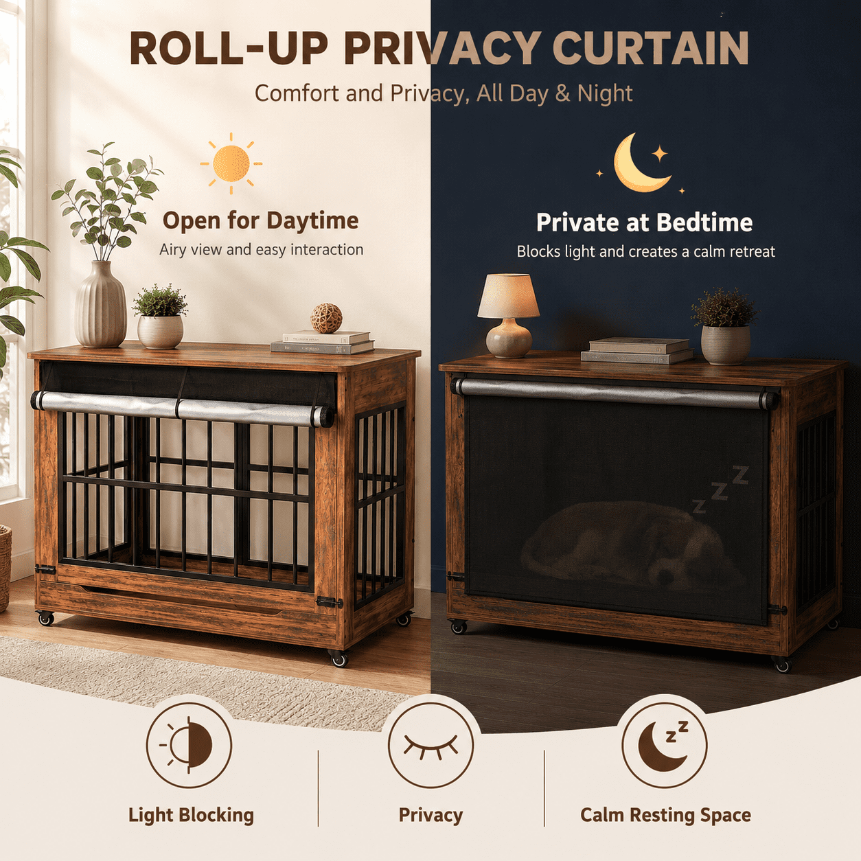 Aukfa 46-Inch Large Dog Crate Furniture, Indoor Dog Kennel Decorative Pet Cage End Table, Lift-Up Door, Curtain & Wheels,Brown
