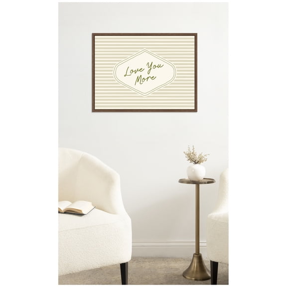 Kate and Laurel Framed Canvas Wall Art Print Retro Love You More Sage Green Striped by Lucky Guava, 24 x 18 Sylvie Walnut Frame, Modern Contemporary, Typography Art for Wall Decor