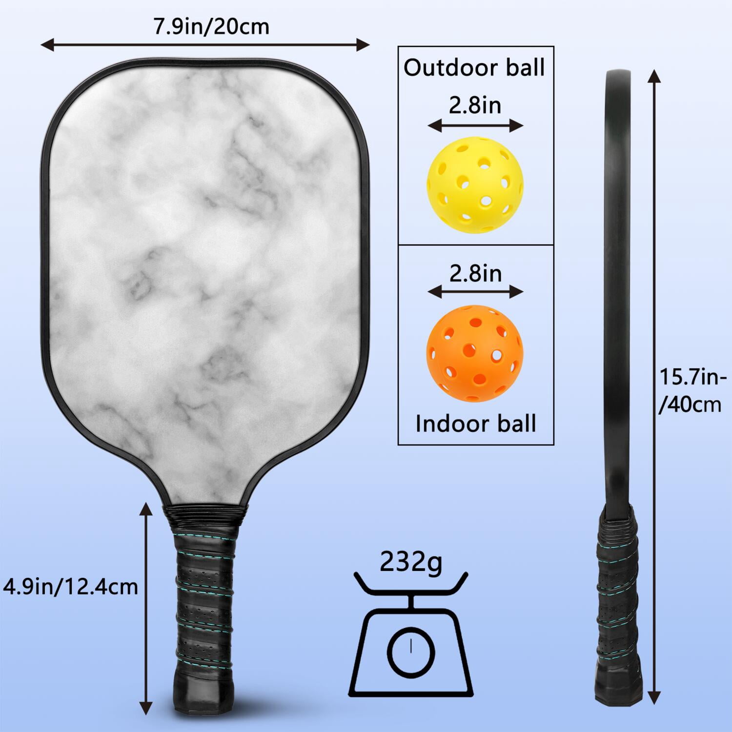 Pickleball Paddles Set Of 1, Fiberglass Surface, Turquoise Marble Pattern, 1 Paddle, 2 Balls & Bag