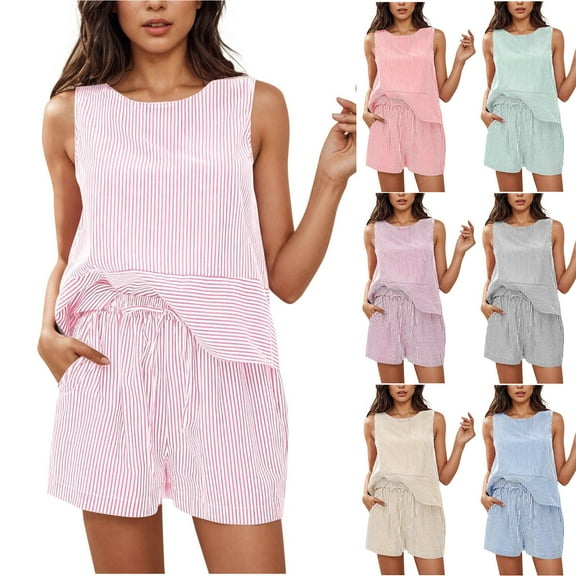 Htigea Womens Summer 2 Piece Outfits Sleeveless Tank Top Matching Shorts Sets Cotton Striped Sweatsuits Vacation Beach 2025 Fall Savings Blue 2XL
