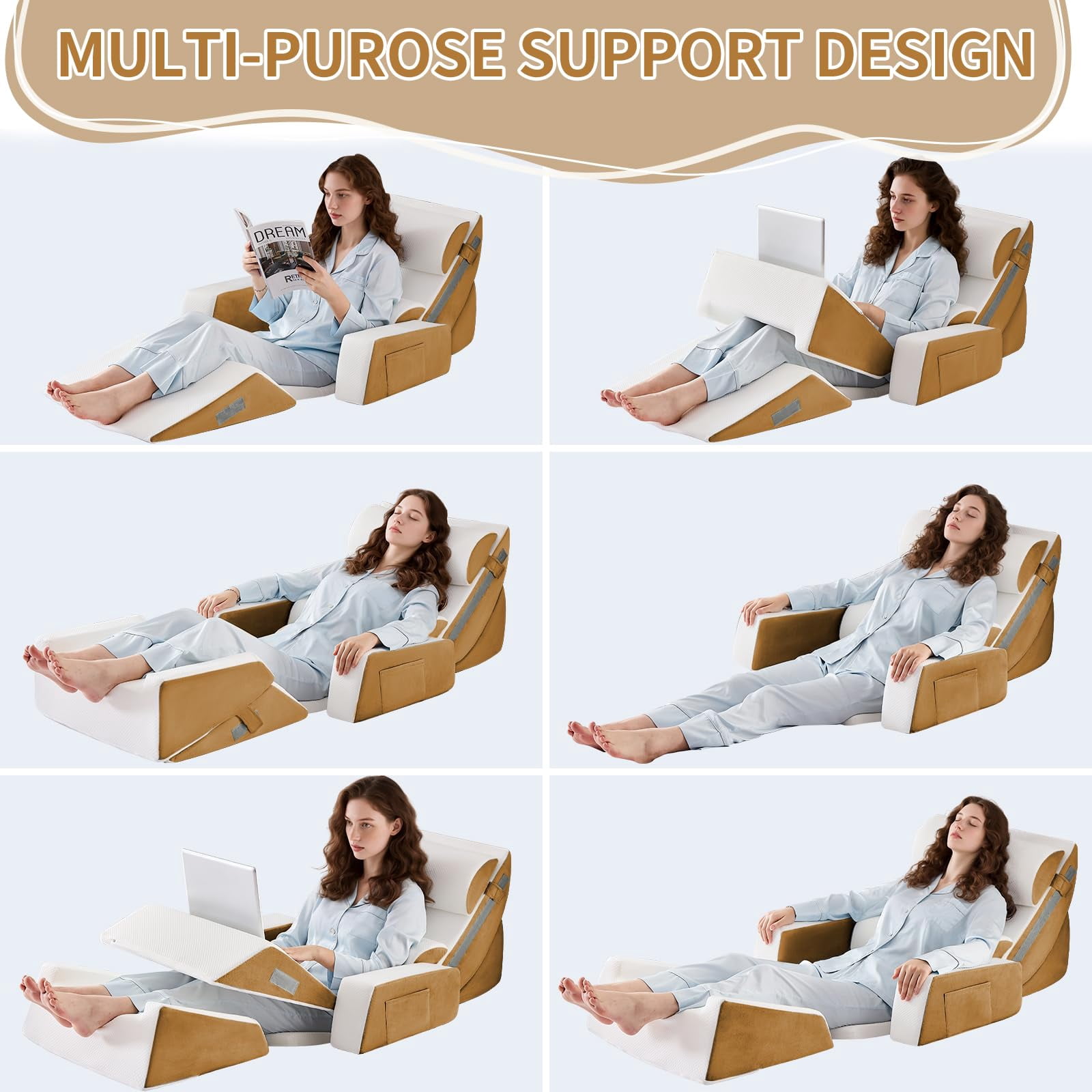 9pcs Bed Wedge Pillow Set For Sleeping  And Leg Foam Body Triangle Adjustable Support - Acid Reflux Pillows Brown
