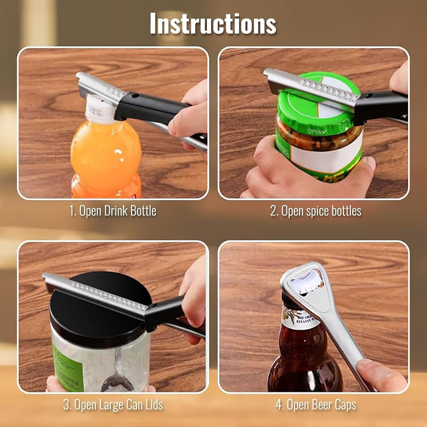 ABPETE 2 in 1 Adjustable Jar Opener, 2024 New Adjustable Jar Opener for Weak Hands Multi-function Can Opener Manual Lid Gripper Opener and Bottle Opener Tool for Home Kitchen Gadgets (4Pcs)