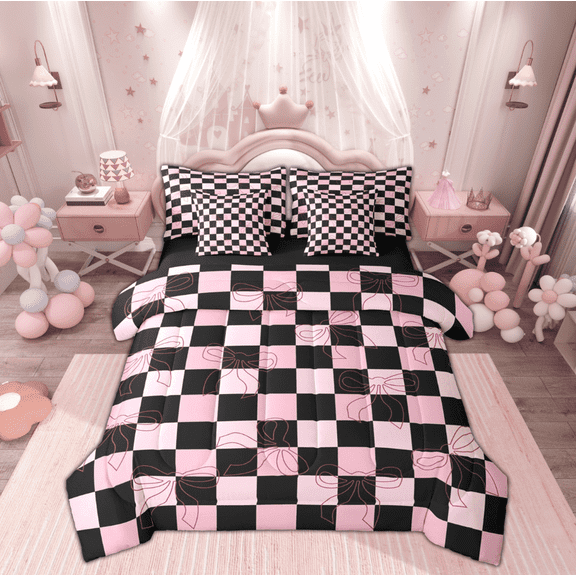 Manfei Cartoon Cute Bowknot Twin Bedding Sets 7-Piece, Pink Checkered Buffalo Bedding Comforter Set, Kawaii Princess Style Reversible Sheet Sets, Super Cozy Room Decor