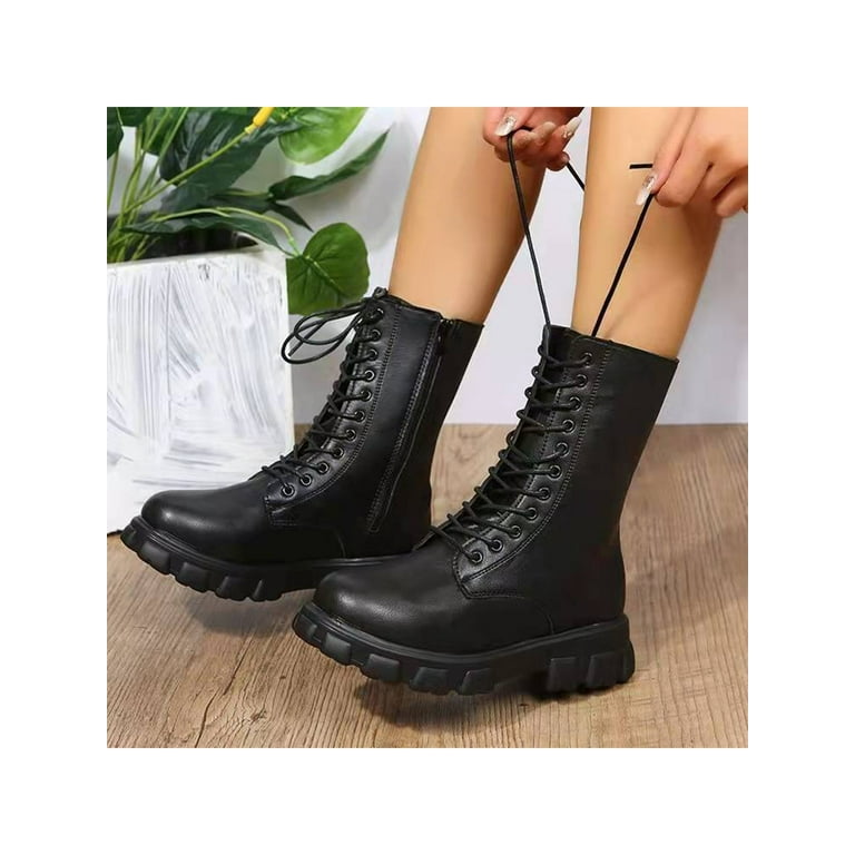 Womens Chunky Military Ankle Boots Combat Lace Up Black Comfy Winter  Fashion New