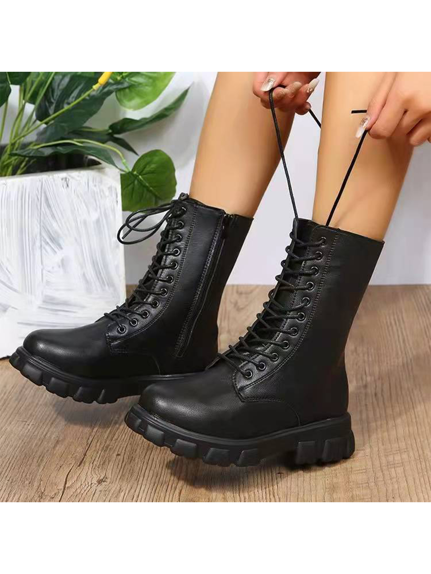 Gomelly Women Comfort Combat Boot Non-Slip Chunky Heel High Top Shoes Military Walking Fashion Lace Up Work Boots Black 8 - image 5 of 6