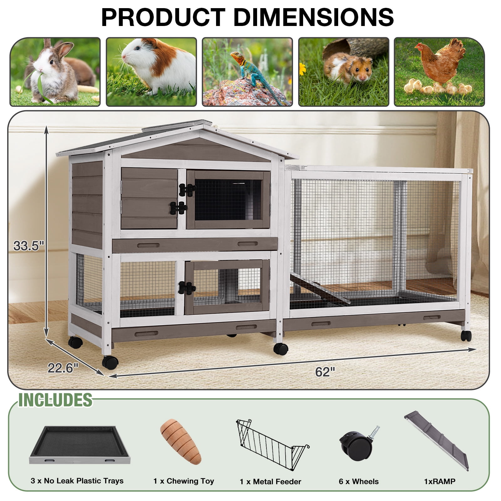 Aivituvin 62" Rabbit Hutch with Wheels for Outdoor & Indoor, 2-Story Bunny Cage with Pull Out Tray, Chew-Proof Ramp, Waterproof Roof, Brown