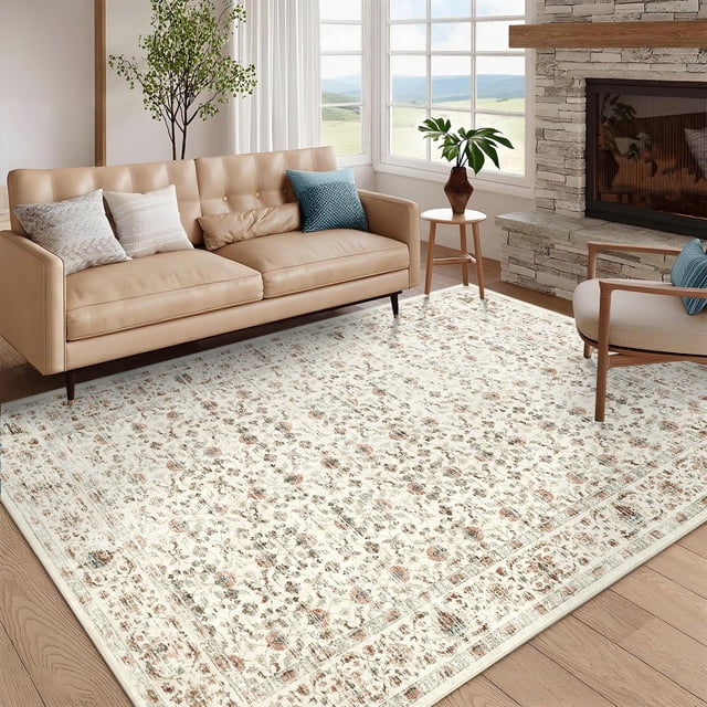 Washable Living Room Area Rug, 10x13 Rugs for Bedroom Extra Large Vintage Distressed Floral Non Slip Low Pile Stain Resistant Farmhouse Carpet for Dining Room Nursery Playroom, Beige