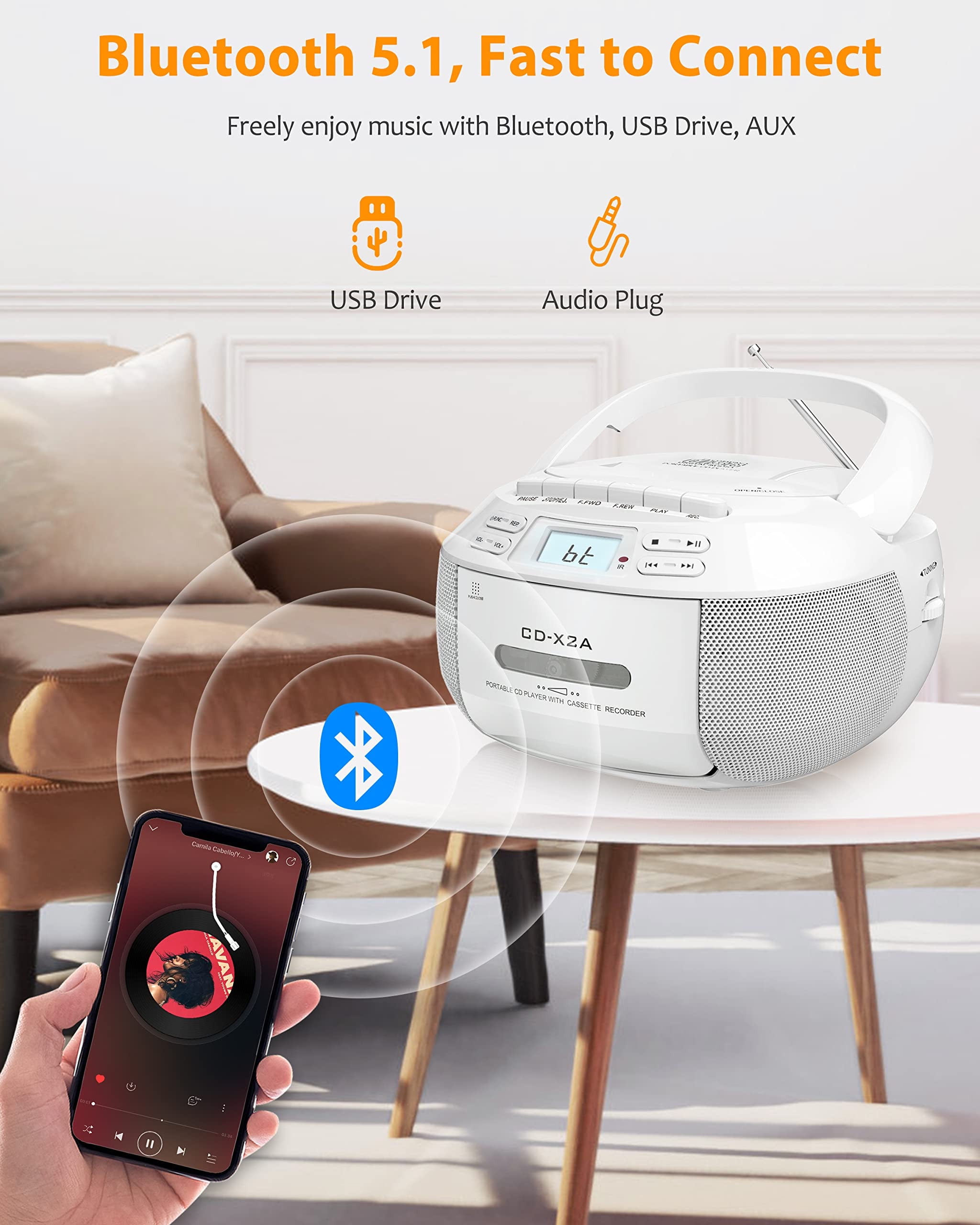 Jazmm Boombox Cassette CD Player Combo with Bluetooth, AM/FM Radio  Remote Control, Tape Recording, Stereo Sound, for Home, Music