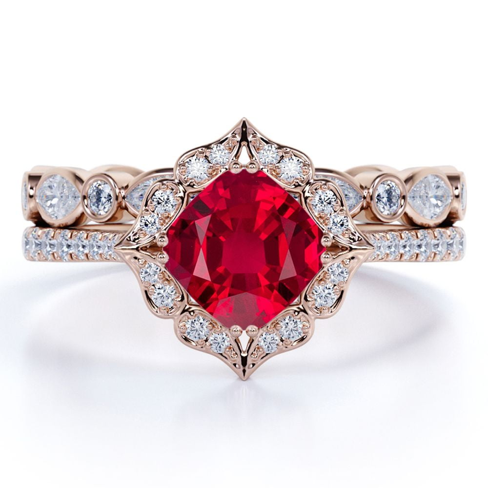 JeenMata 2 Carat Cushion Cut Minimalist Blood Red Lab Created Ruby Wedding Ring Set in 18k Rose Gold over Silver