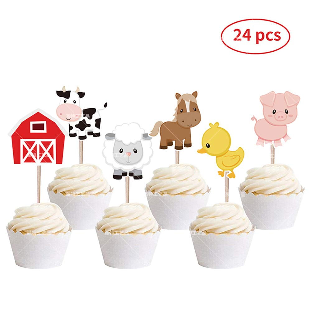 24PCS Farm Animal Theme Cake Cupcake Toppers for 1st