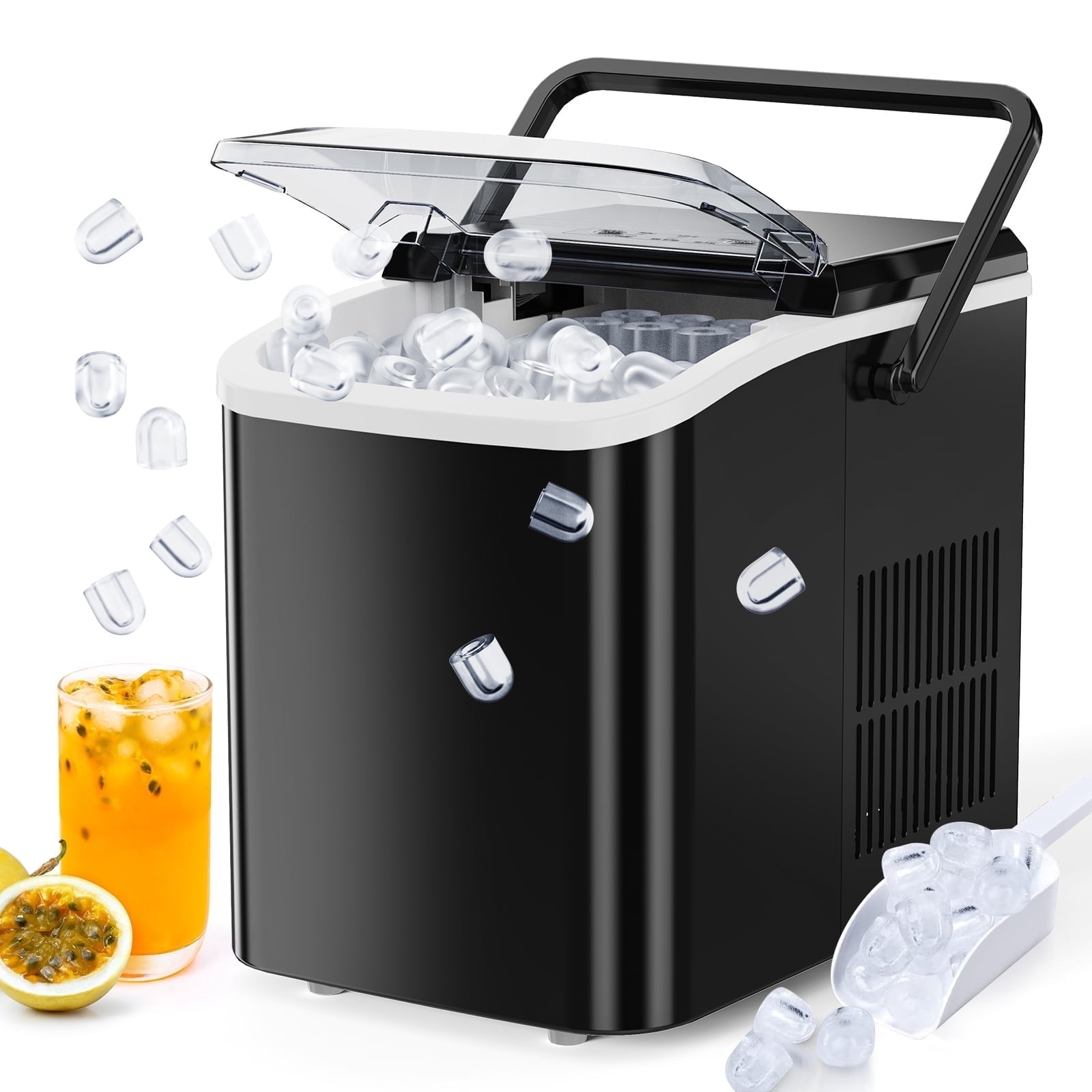 CONCETTA Portable Ice Maker Machine, 26.5 lb/Day Ice, Two Ice Sizes, Self-Cleaning Function, Bullet Ice Maker with Ice Scoop & Basket, Black