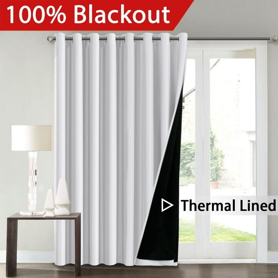 Flamingop Full Blackout White Wide Patio Door Curtains Faux Silk Satin With Black Liner Thermal Insulated Room Divider Window Treatment Panels, Grommet Top (100 X 84 Inch, One Panel)