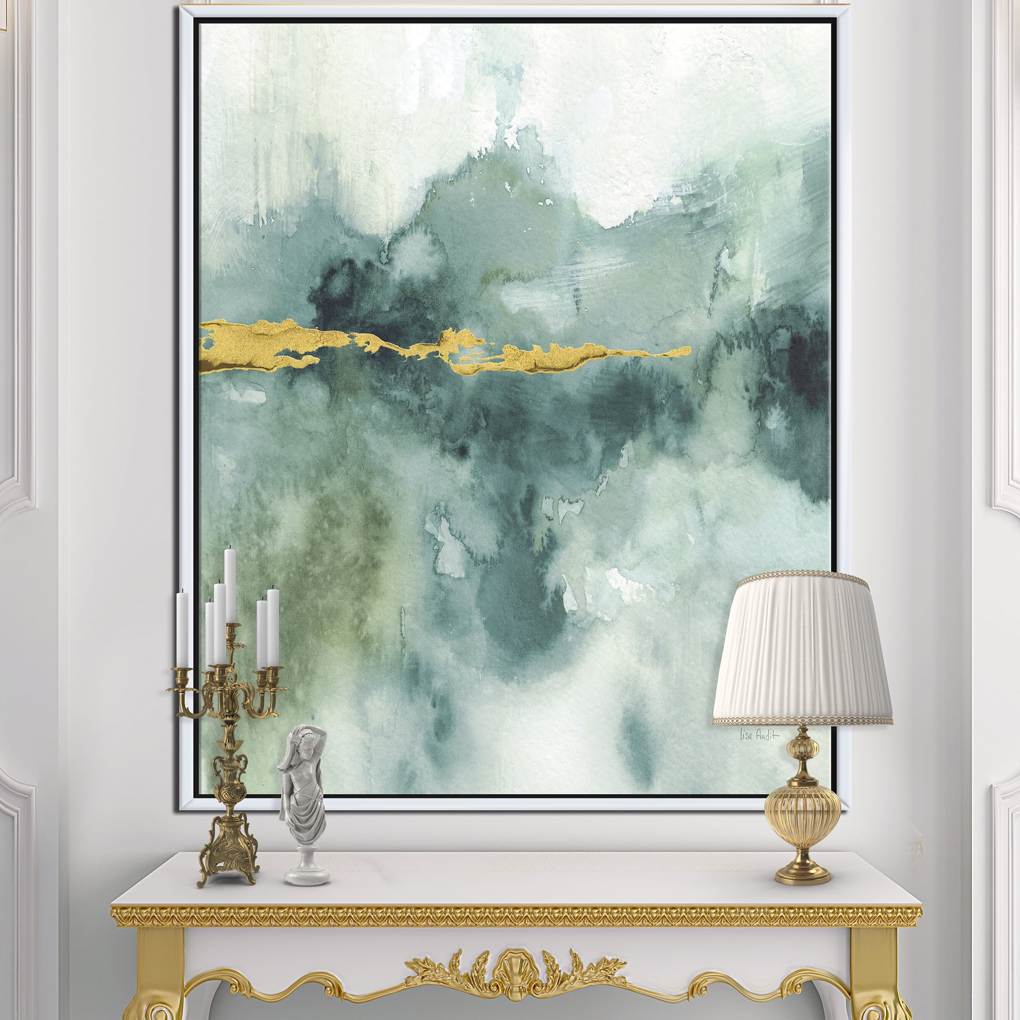 Designart ' Blue Watercolor Impression with Gold ' Traditional Framed Canvas