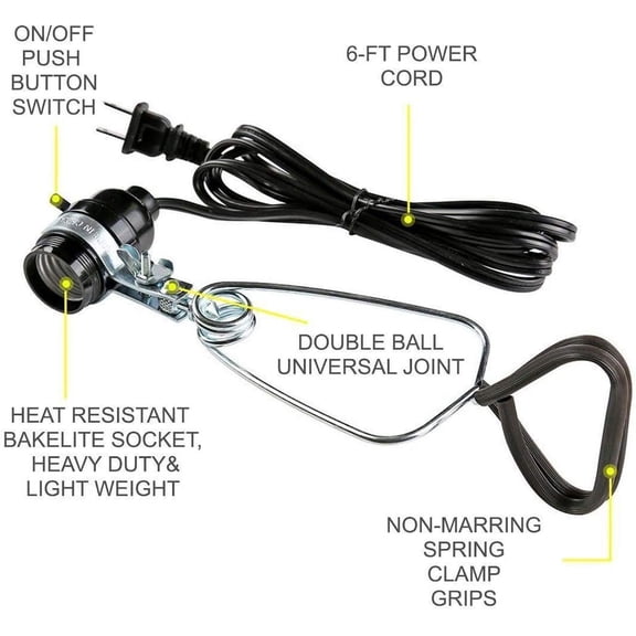 GHRTGR-HIWKLTCLAMPSOCKET 1-Pack E26 Clamp Light Socket up to 150 Watt 18/2-Gauge 6 Feet Cord, Lamp, Black
