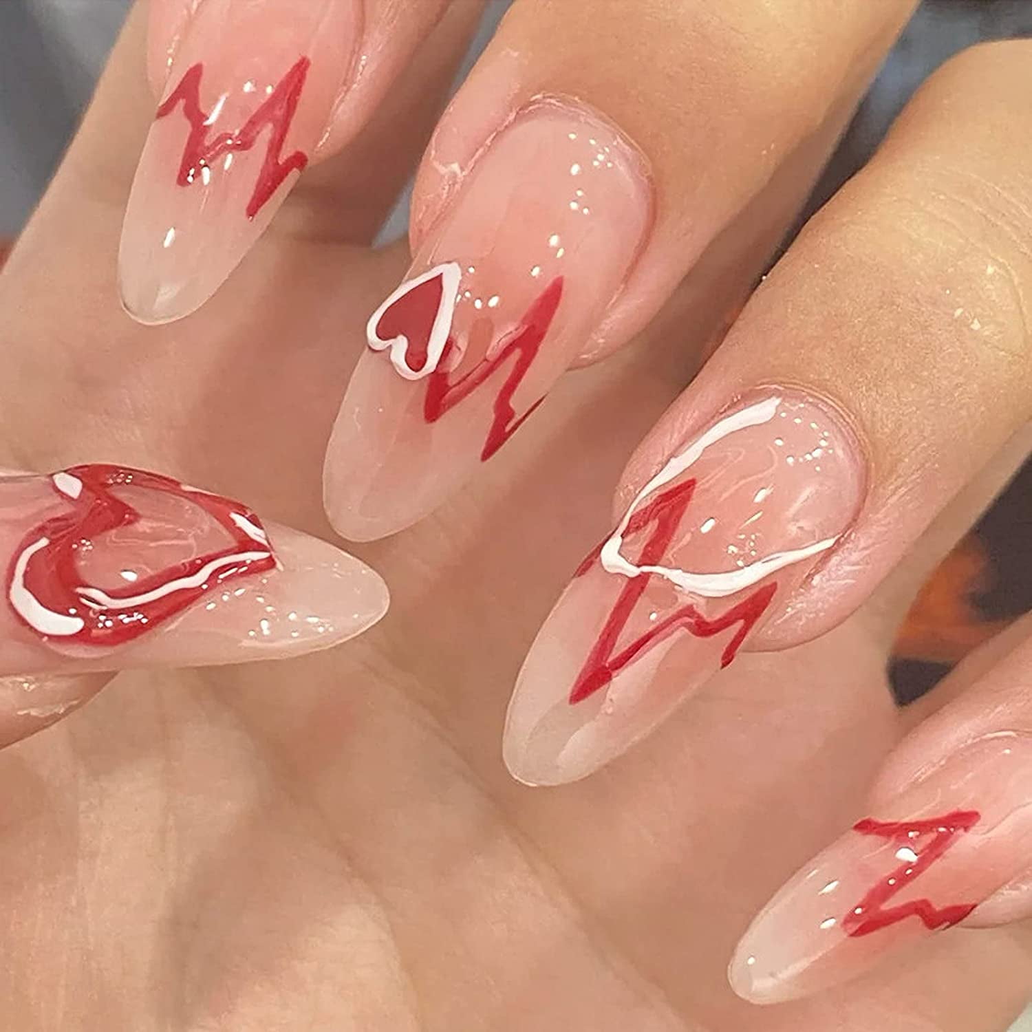 Glossy Almond Press on Nails Long Stiletto Fake Nails Red Heart False Nails 24Pcs Full Cover Artificial Acrylic Nails for Women Glossy Almond Press on Nails Long Stiletto Fake Nails Red Heart False Nails 24Pcs Full Cover Artificial Acrylic Nails for Women