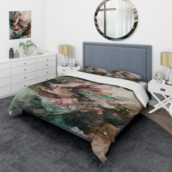 Designart "Inner Worlds of Marble Pink and Green III" Modern Geometric Bedding Covert Set - Abstract Geometric Pink Abstract Bed Set With 2 Shams