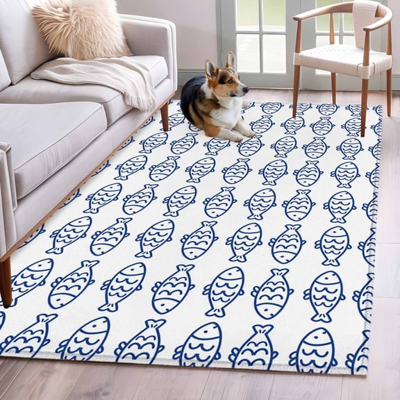 Rectangle Area Rugs 3 x 5 Ft, Ocean Blue Fish Non-Slip Residential Carpet, Summer Fishing Coastal Nautical Simple Indoor Crawling Mats Runner Rugs for Living Room/Dining Room/Bedroom