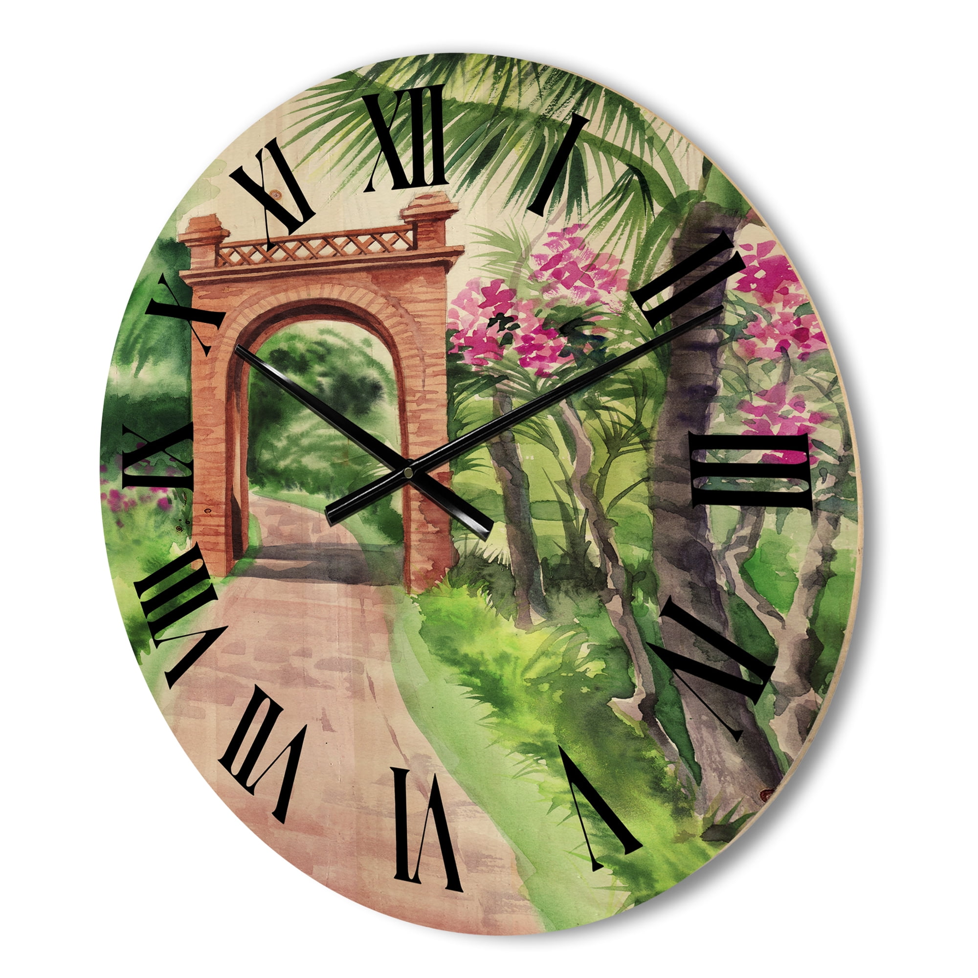Designart 'Traditional Gate On Path In Tropical Oasis' Tropical Wood Wall Clock