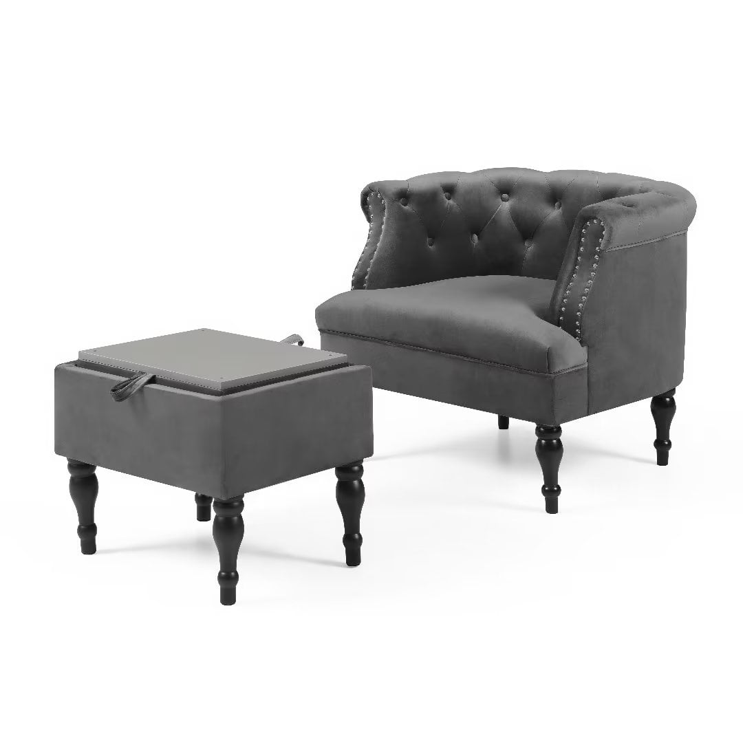 Modern Velvet Accent Chair with Storage Ottoman, Button Tufted Sofa