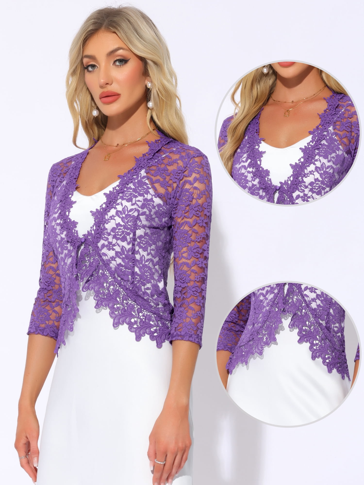 DARING DIVA Women's Floral Lace Shrugs Evening 3/4 Sleeves Formal Bolero Cardigan XL Purple