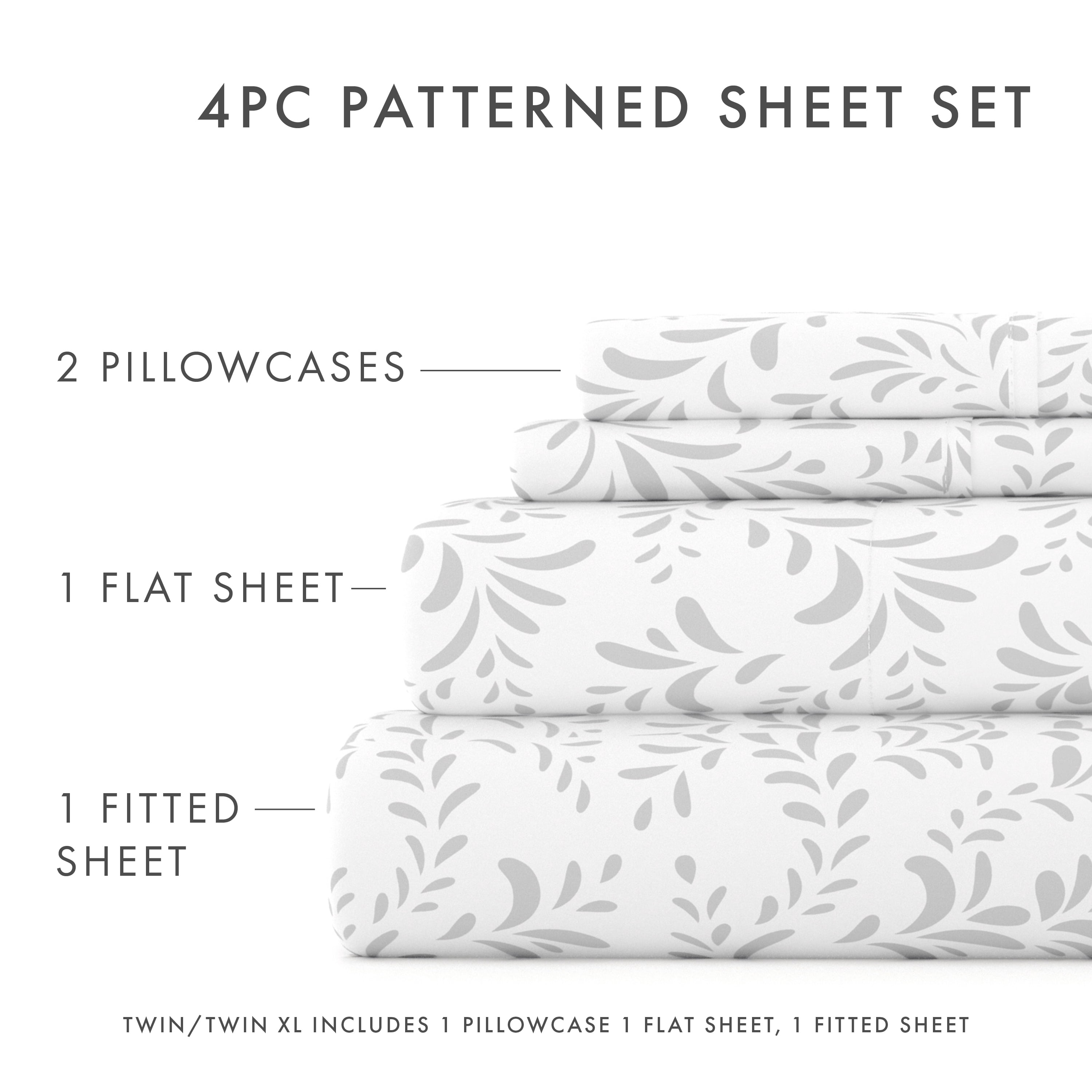 Noble Linens 4 Piece Pattern Microfiber Bed Sheets Set, Light Gray Ultra Burst of Vines, King