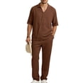 thumbnail image 4 of Jessboyy Mens Pants Sets 2 Piece Outfits Summer V Neck Short Sleeve T Shirts and Pants with Pockets Travel Vacation Outfits Casual Clothing Set Coffee,M, 4 of 9