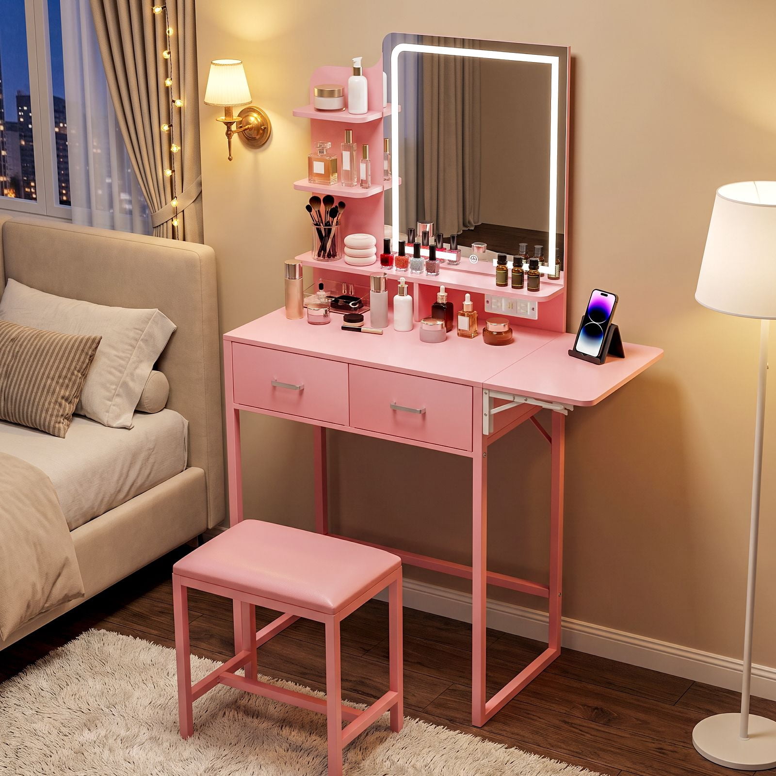 Vanity Desk with Lighted Mirror and Fold-Up Panel, Makeup Table with Fabric Storage Drawers, 3-Tier Shelves, Power Outlet and USB Ports, Cushioned Stool