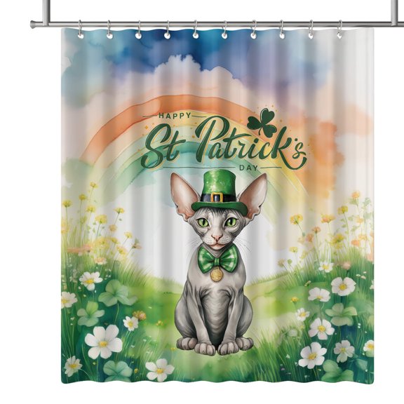 Happy St. Patrick’s Day Sphynx with Green Hat Shamrocks Rainbow Shower Curtain Cat Lover Kitten Owner Gifts Idea Waterproof Bathroom Bathtub Curtain - 03007