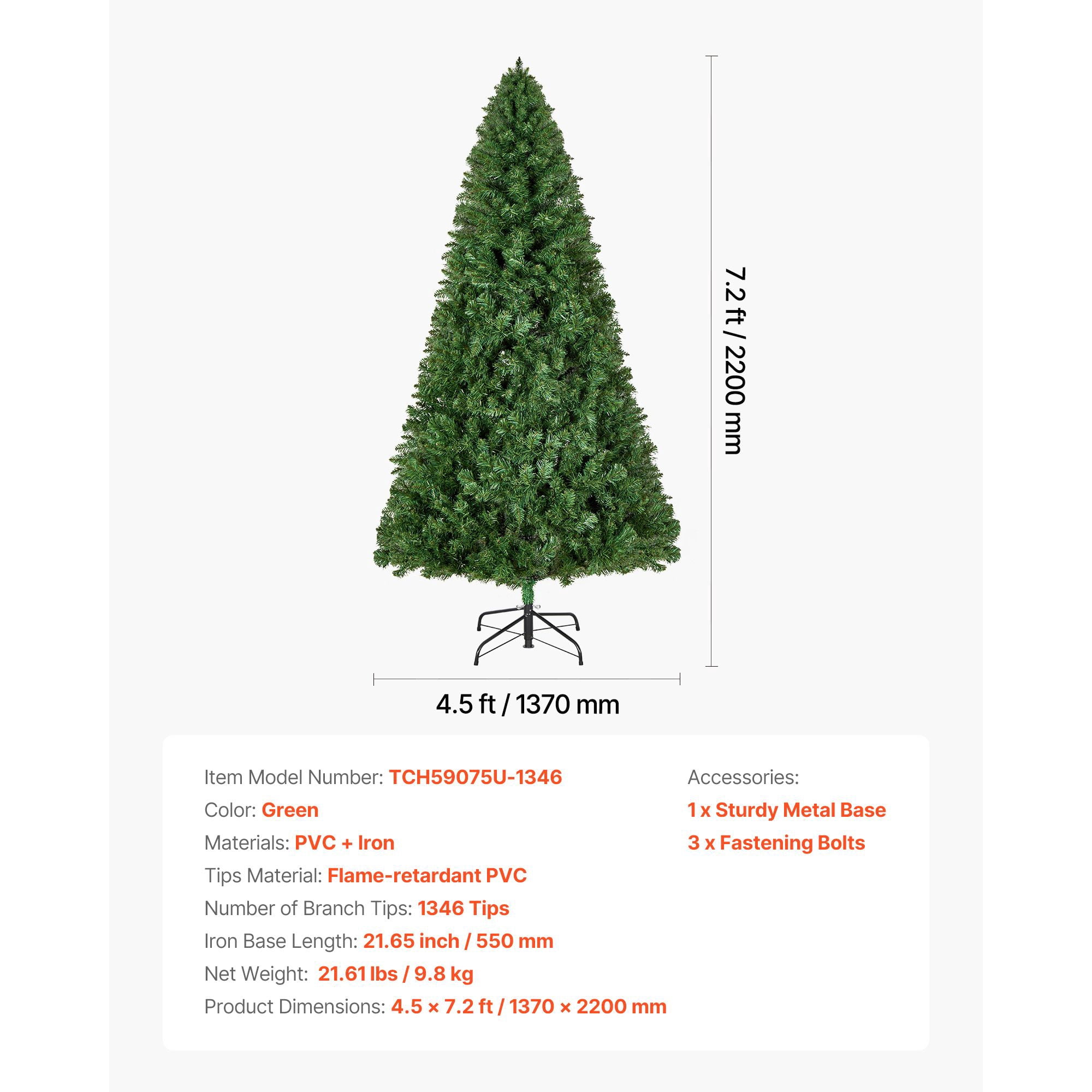 Christmas Tree, 7.2ft Artificial Xmas Tree, Full Holiday Decor Trees with 1346 Branch Tips & Sturdy Metal Base for Home Party Office Decoration