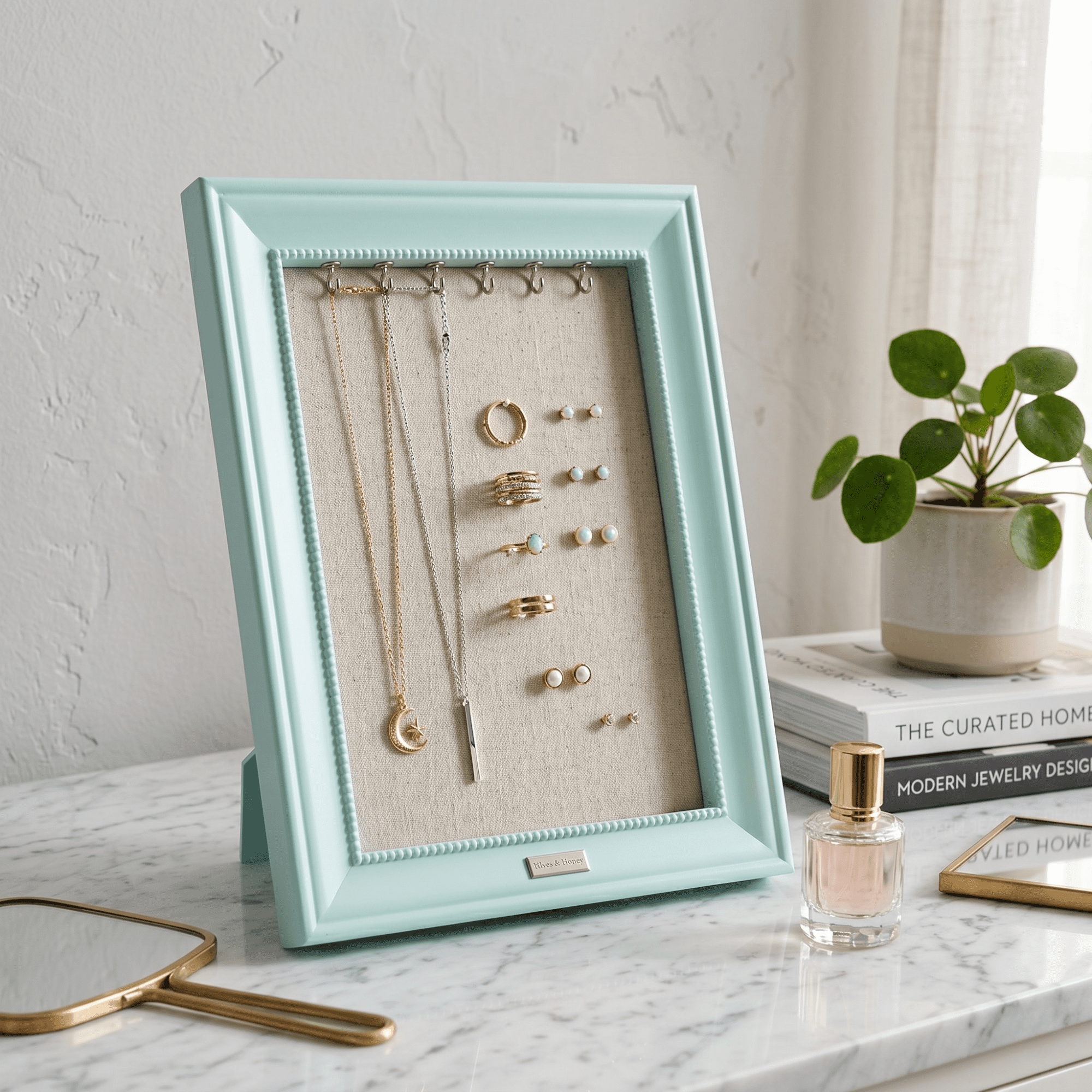 Hives and Honey Women's Medium 15" x 12" Seafoam Jewelry Frame Organizer with Necklace Hooks and Linen Pinboard